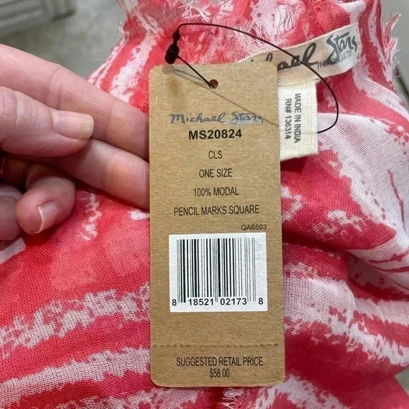 Michael Stars Oversized Scarf with Raw Edge -  Coral Sun Pencil Mark Square - Picture 6 of 7